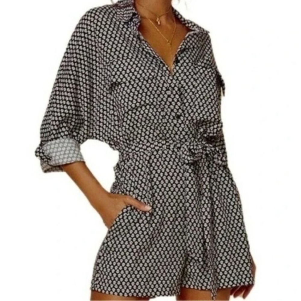 Stillwater The Dunes Romper Long Sleeve Pockets Floral Black White Small